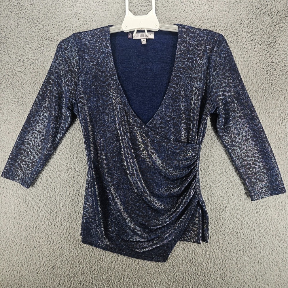 Jennifer Lopez Navy Metallic Foil Animal Print Wrap Top 3/4 Sleeve XS